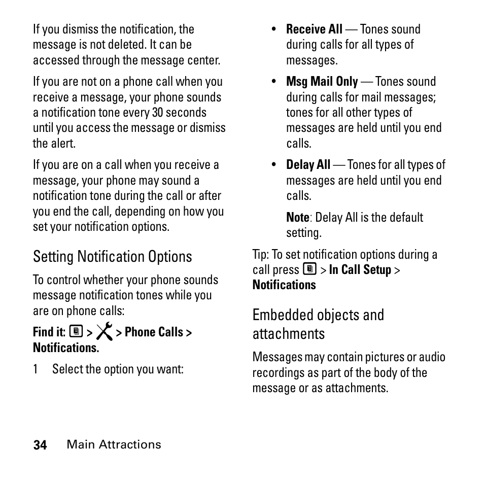 Setting notification options, Embedded objects and attachments | Boost Mobile i290 User Manual | Page 38 / 97