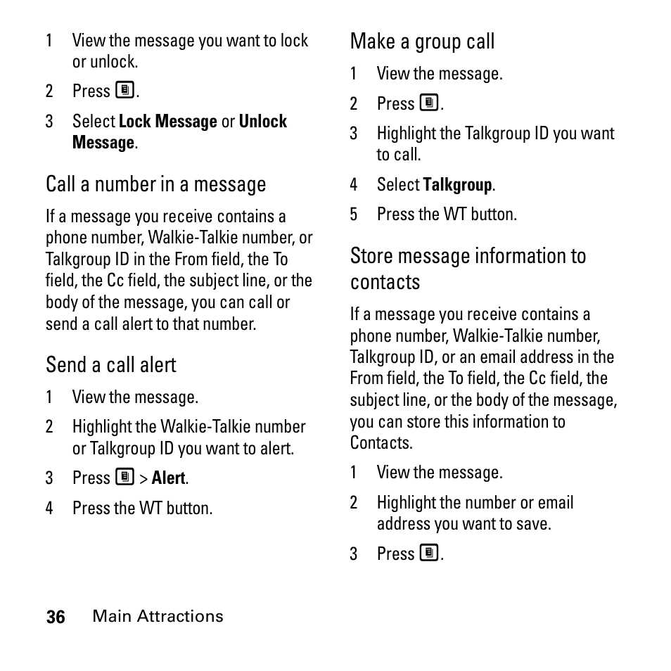 Call a number in a message, Send a call alert, Make a group call | Store message information to contacts | Boost Mobile i290 User Manual | Page 40 / 97