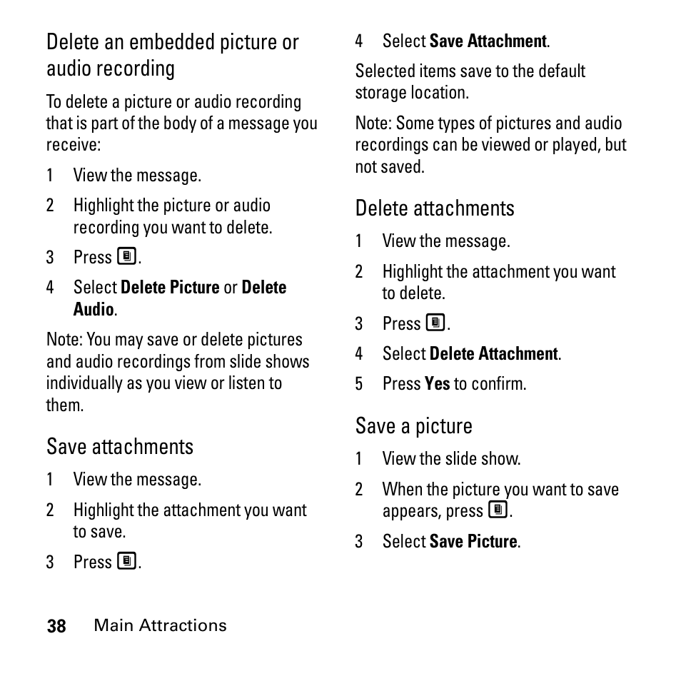 Delete an embedded picture or audio recording, Save attachments, Delete attachments | Save a picture | Boost Mobile i290 User Manual | Page 42 / 97