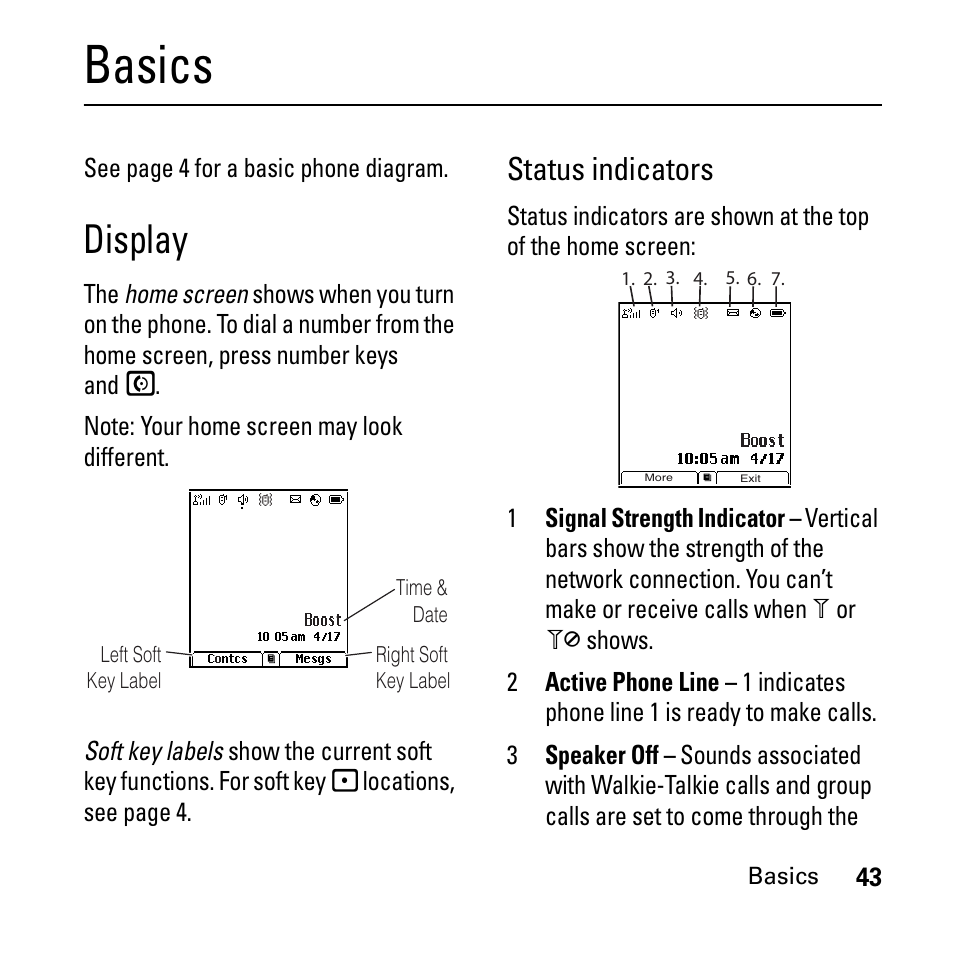 Basics, Display, Status indicators | Boost Mobile i290 User Manual | Page 47 / 97