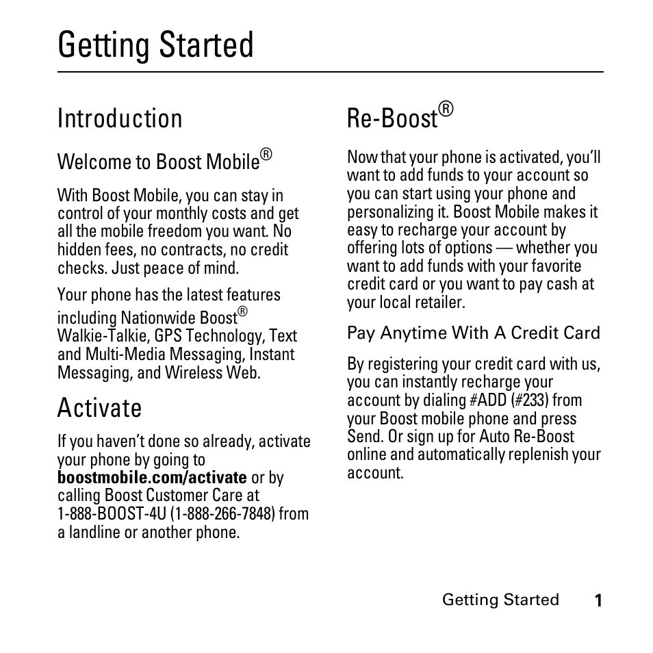 Getting started, Introduction, Activate | Re-boost | Boost Mobile i290 User Manual | Page 5 / 97