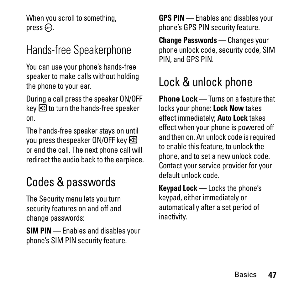 Hands-free speakerphone, Codes & passwords, Lock & unlock phone | Boost Mobile i290 User Manual | Page 51 / 97