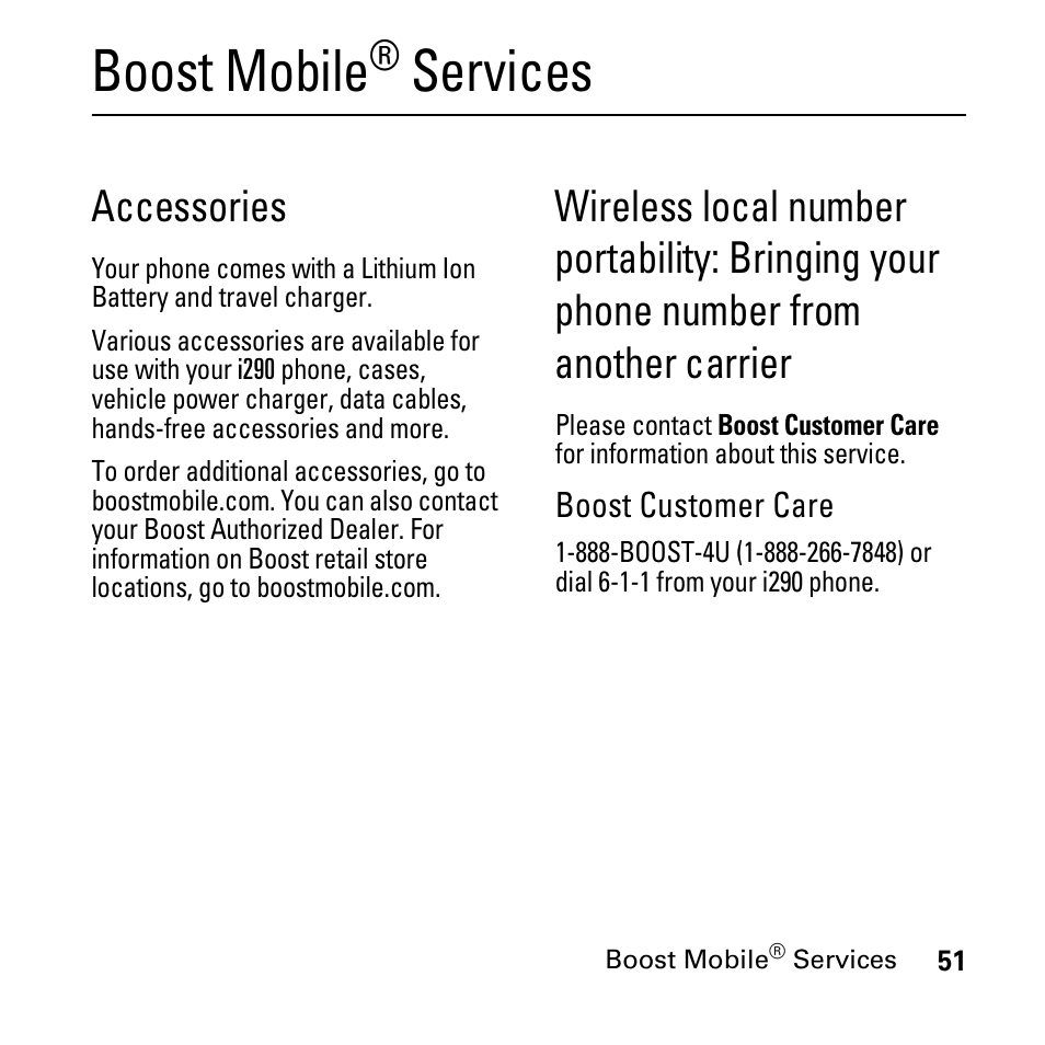 Boost mobile® services, Accessories, Boost customer care | Boost mobile, Services | Boost Mobile i290 User Manual | Page 55 / 97