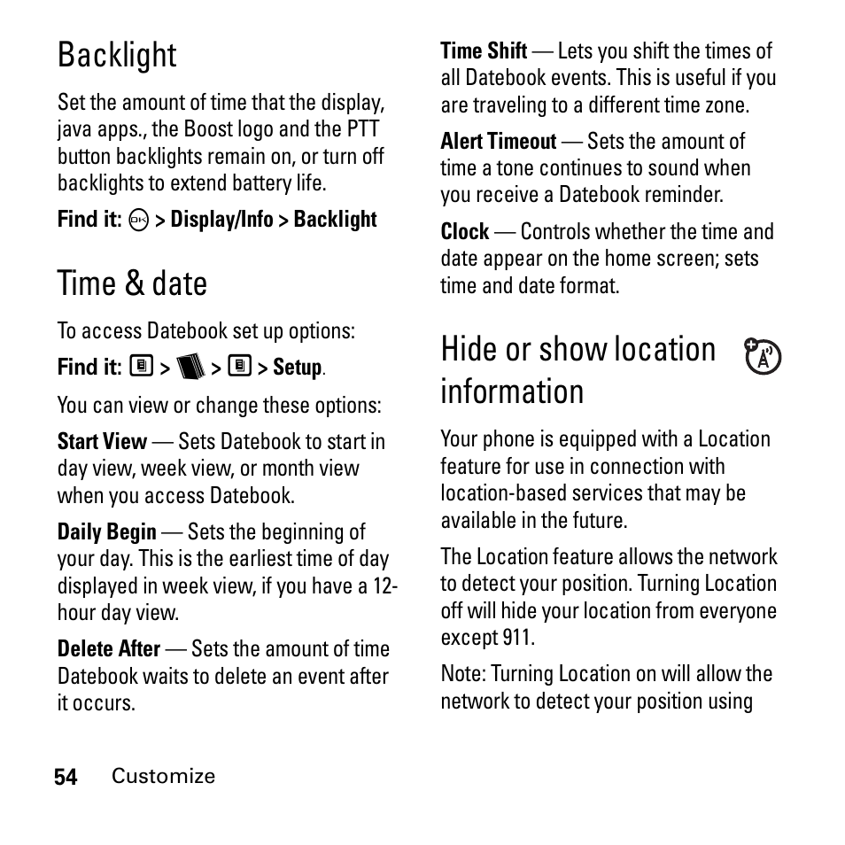Backlight, Time & date, Hide or show location information | Boost Mobile i290 User Manual | Page 58 / 97