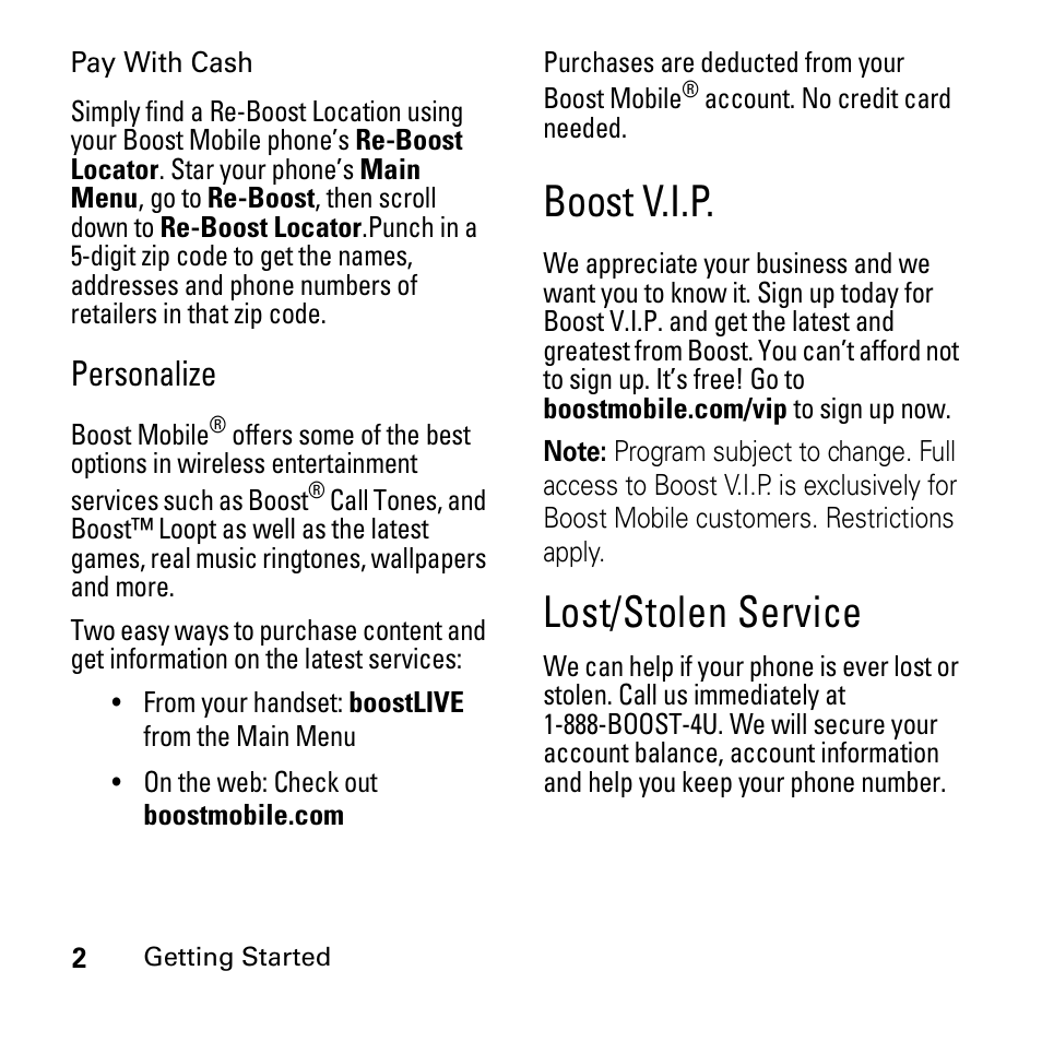 Boost v.i.p, Lost/stolen service | Boost Mobile i290 User Manual | Page 6 / 97