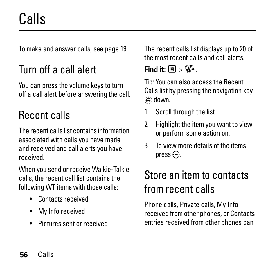 Calls, Turn off a call alert, Recent calls | Store an item to contacts from recent calls | Boost Mobile i290 User Manual | Page 60 / 97