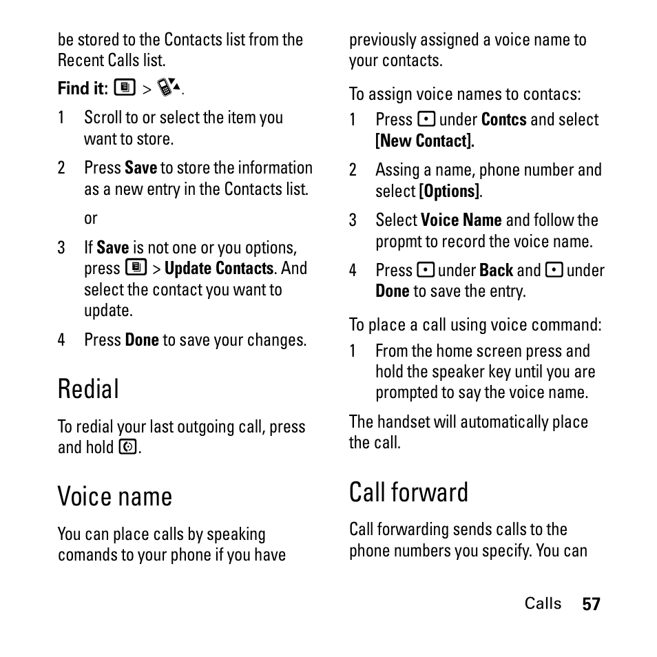 Redial, Voice name, Call forward | Redial voice name call forward | Boost Mobile i290 User Manual | Page 61 / 97
