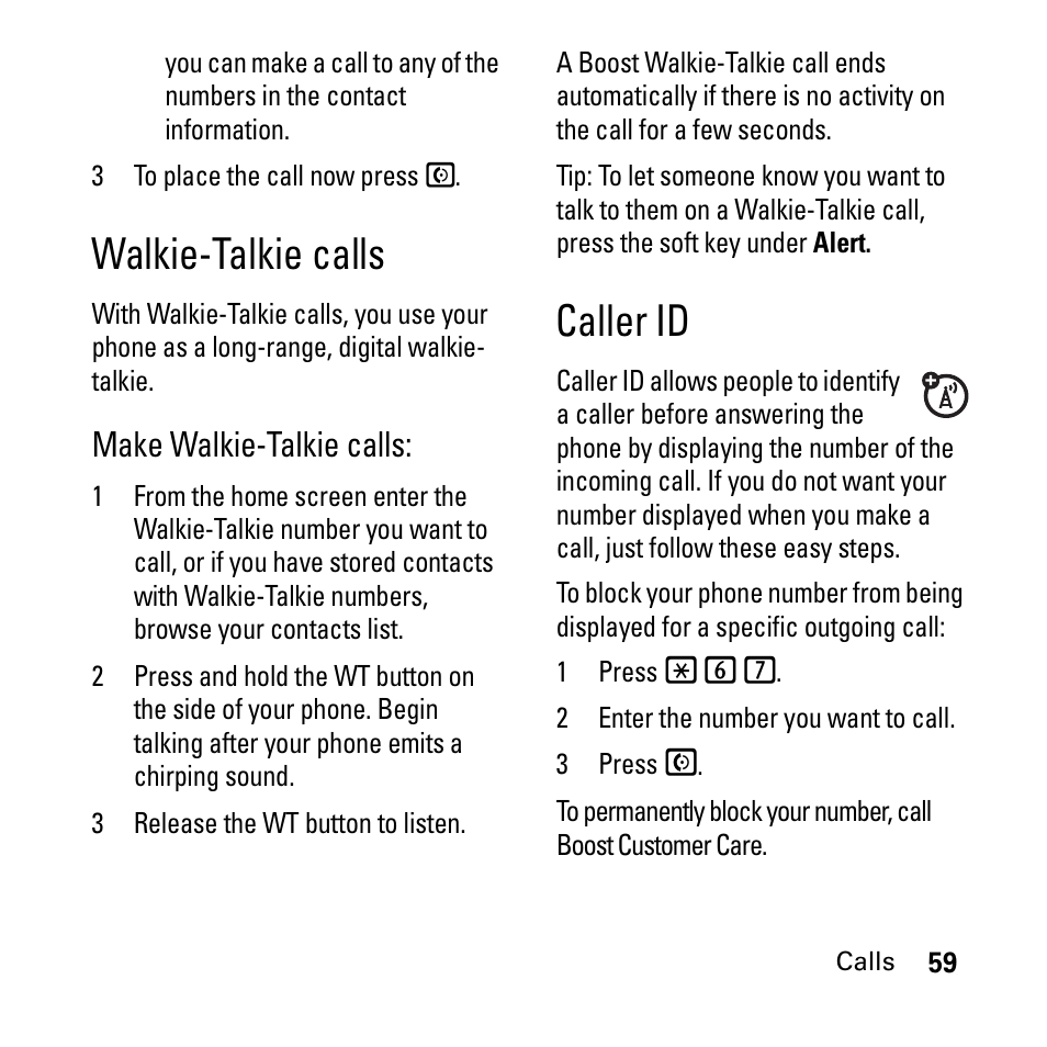 Walkie-talkie calls, Caller id, Walkie-talkie calls caller id | Boost Mobile i290 User Manual | Page 63 / 97