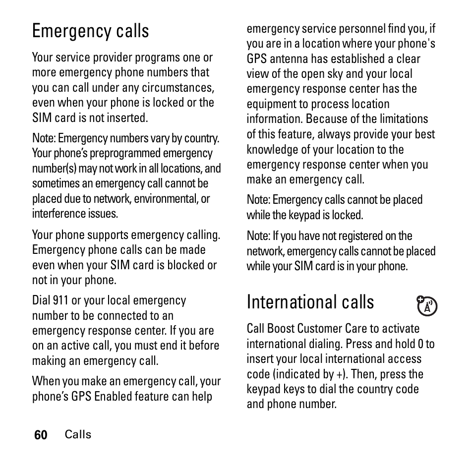 Emergency calls, International calls, Emergency calls international calls | Boost Mobile i290 User Manual | Page 64 / 97