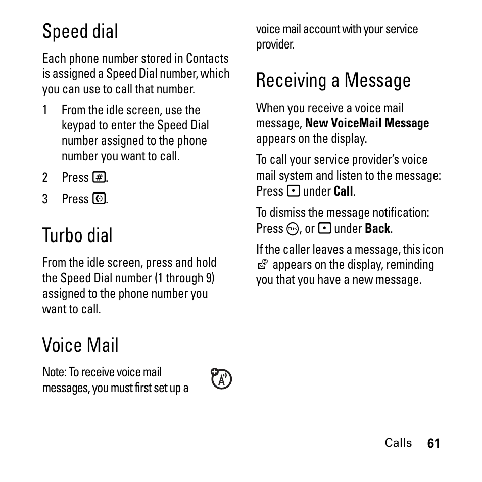 Speed dial, Turbo dial, Voice mail | Receiving a message | Boost Mobile i290 User Manual | Page 65 / 97