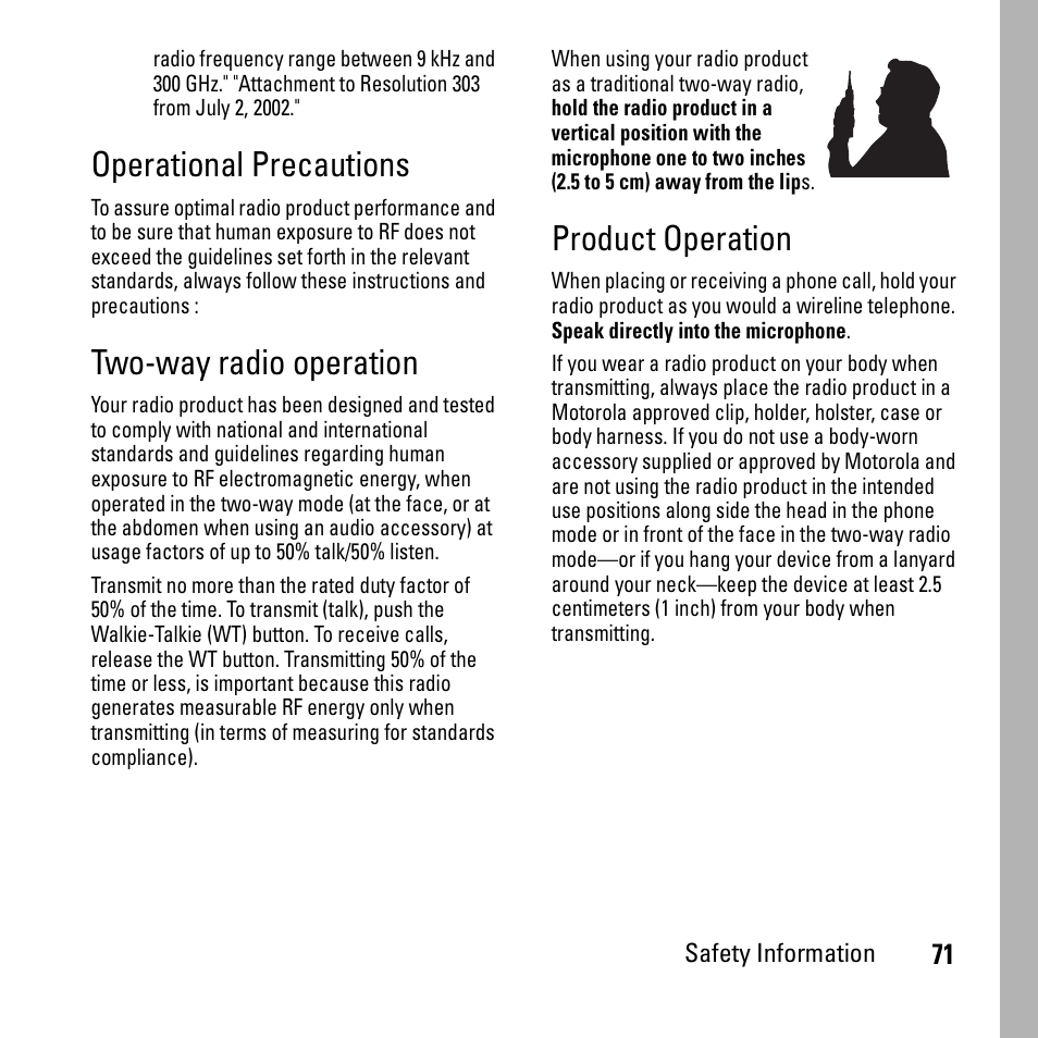 Operational precautions, Two-way radio operation, Product operation | Boost Mobile i290 User Manual | Page 75 / 97