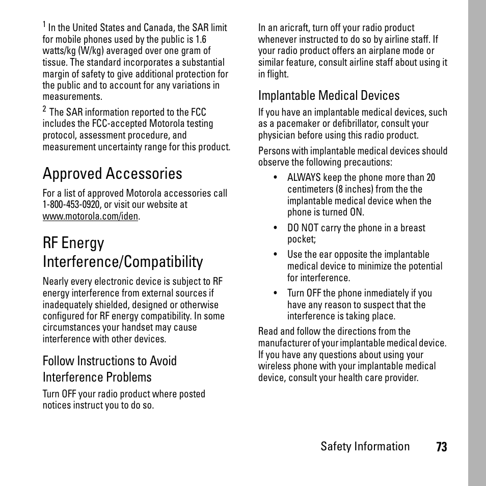 Approved accessories, Rf energy interference/compatibility, Follow instructions to avoid interference problems | Implantable medical devices | Boost Mobile i290 User Manual | Page 77 / 97