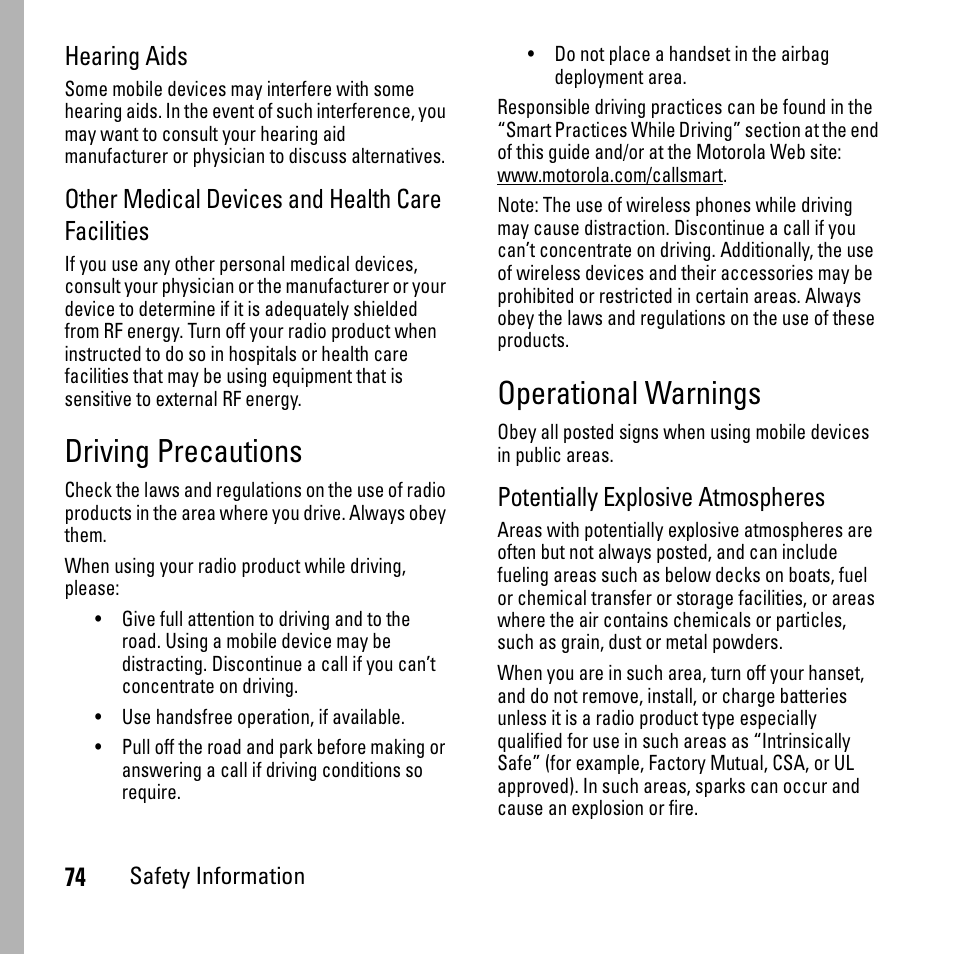 Driving precautions, Operational warnings, Hearing aids | Other medical devices and health care facilities, Potentially explosive atmospheres | Boost Mobile i290 User Manual | Page 78 / 97