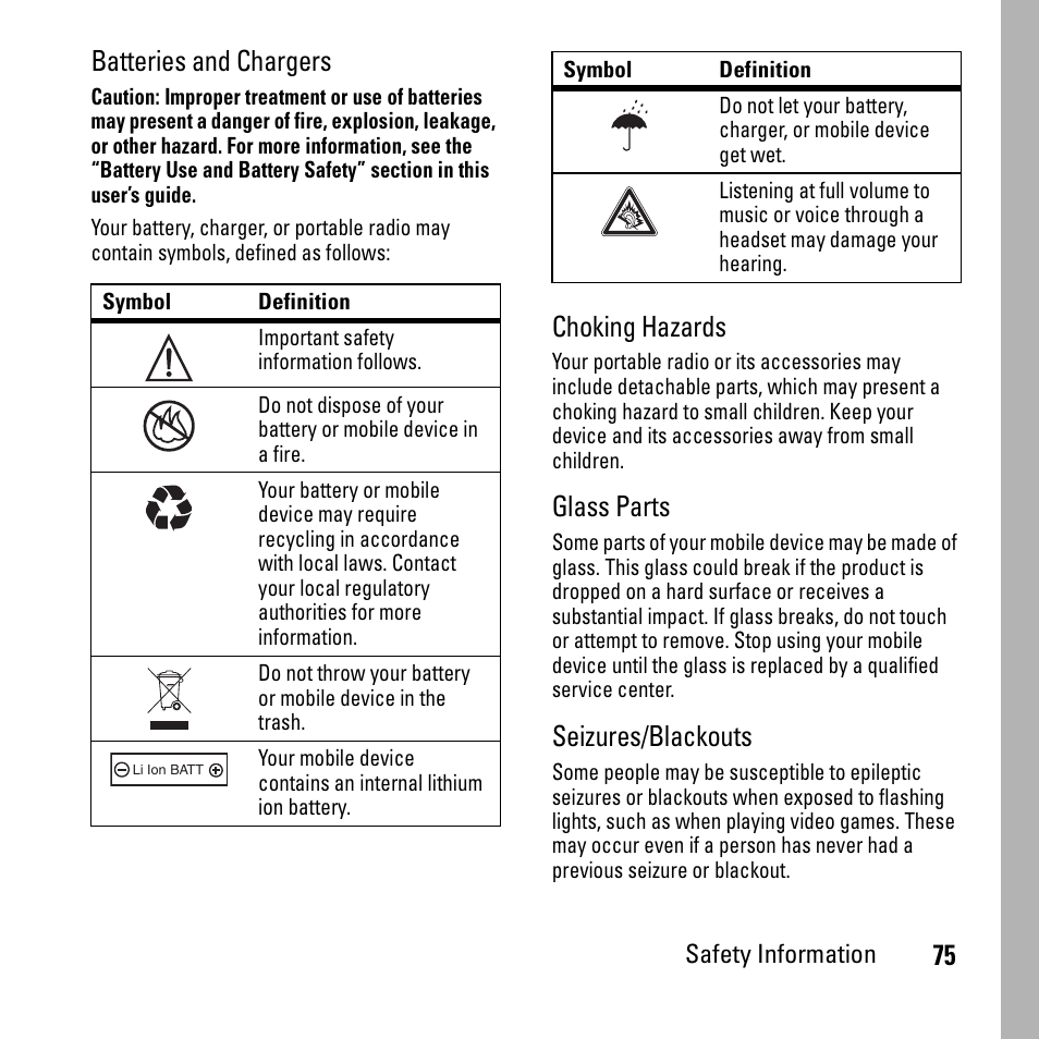 75 batteries and chargers, Choking hazards, Glass parts | Seizures/blackouts, Safety information | Boost Mobile i290 User Manual | Page 79 / 97