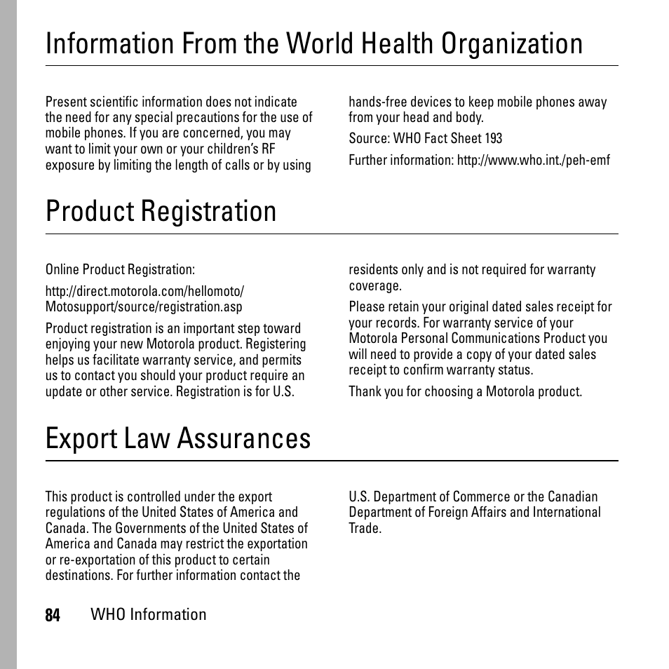 Information from the world health organization, Product registration, Export law assurances | Boost Mobile i290 User Manual | Page 88 / 97