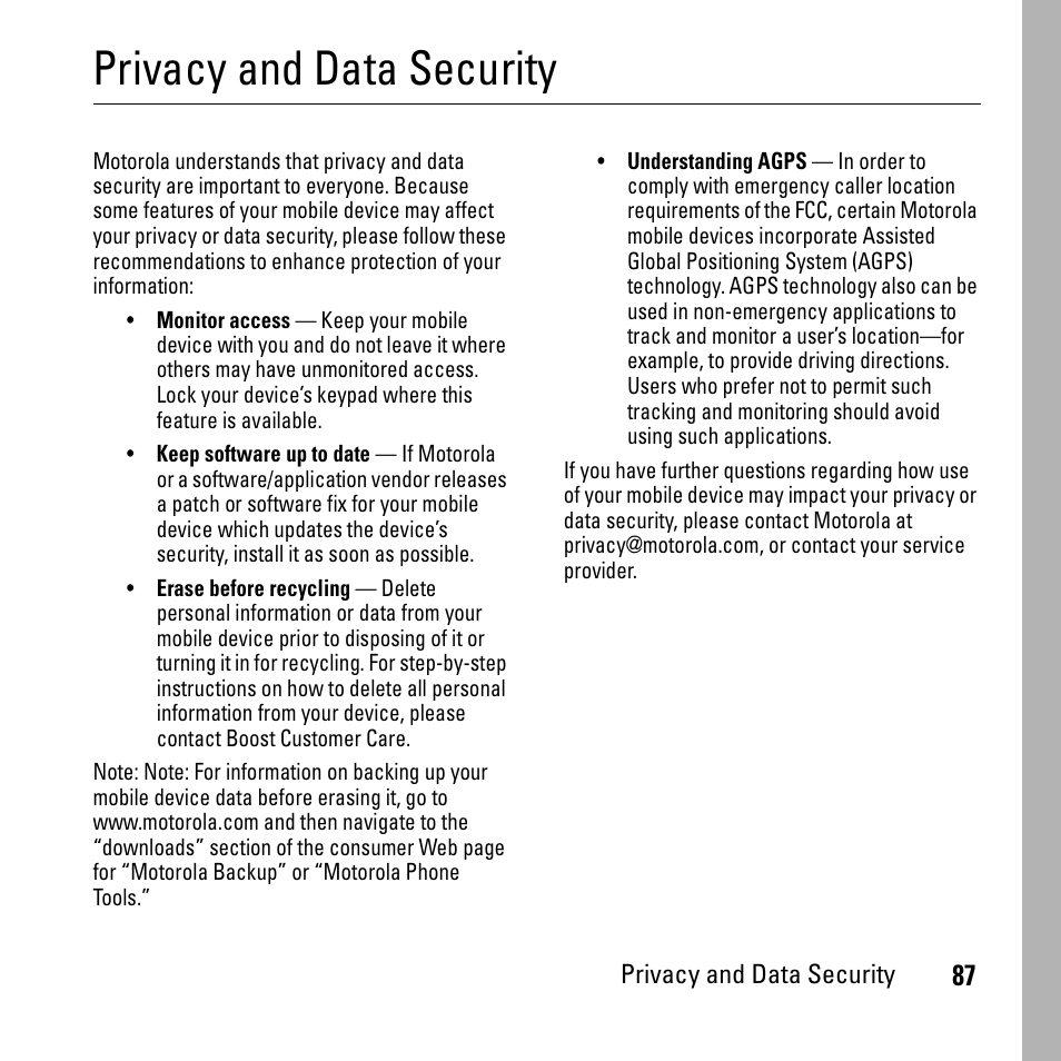 Privacy and data security | Boost Mobile i290 User Manual | Page 91 / 97