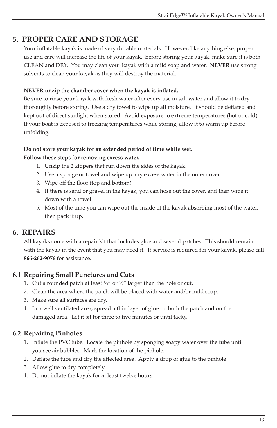 Proper care and storage, Repairs | Advanced Elements AE1006 User Manual | Page 13 / 20