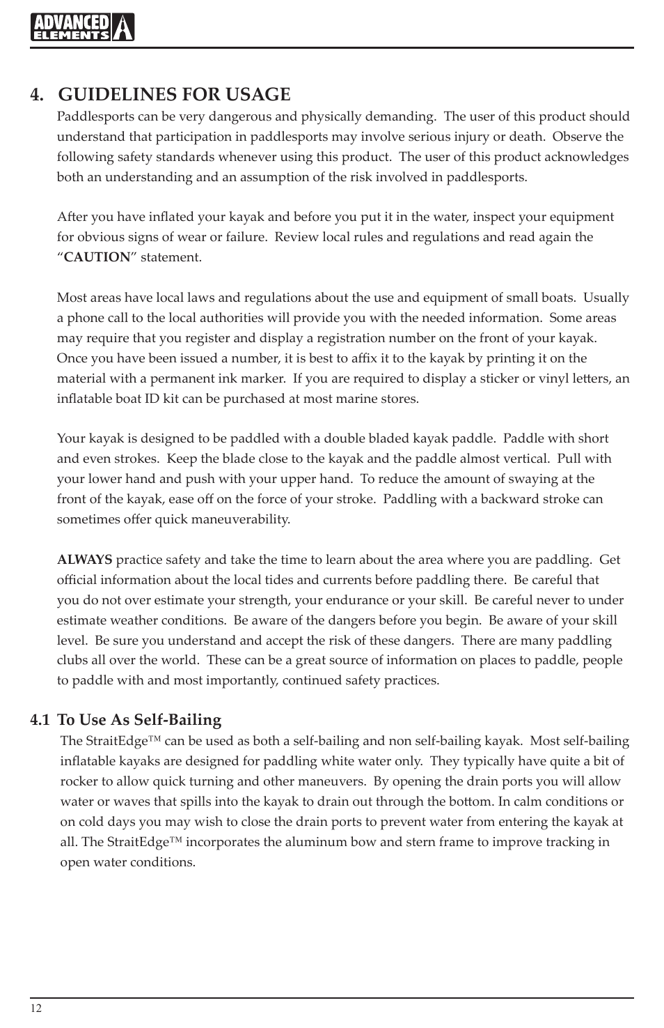 Guidelines for usage, 1 to use as self-bailing | Advanced Elements AE1014 User Manual | Page 12 / 20