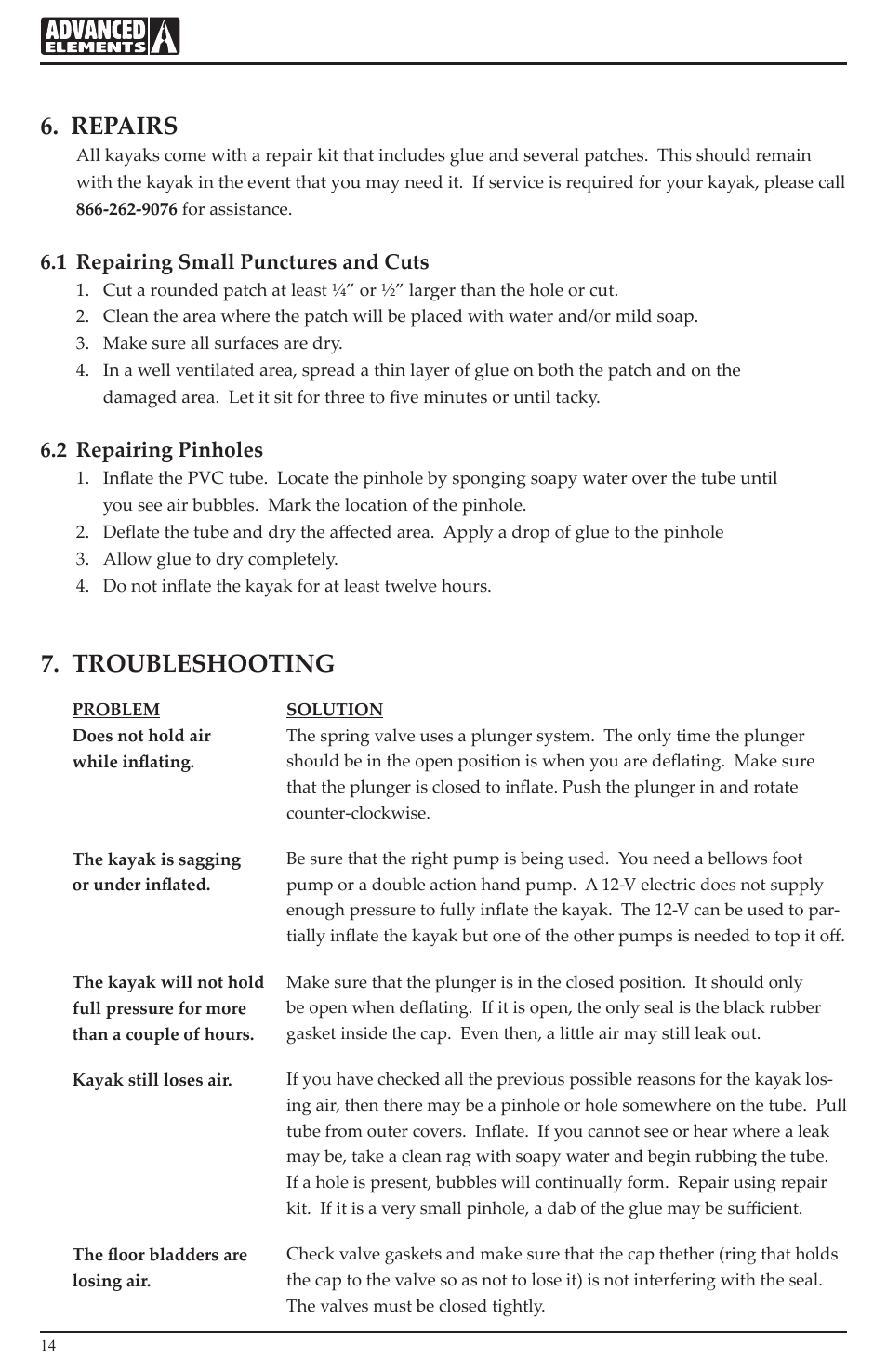 Repairs, Troubleshooting, 1 repairing small punctures and cuts | 2 repairing pinholes | Advanced Elements AE1014 User Manual | Page 14 / 20