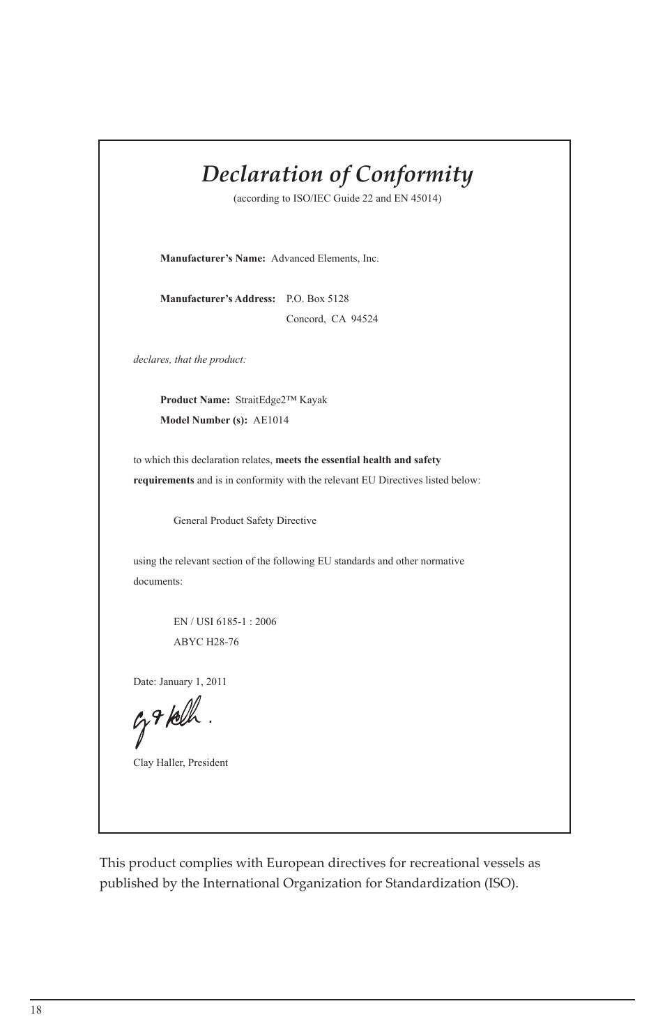 Declaration of conformity | Advanced Elements AE1014 User Manual | Page 18 / 20