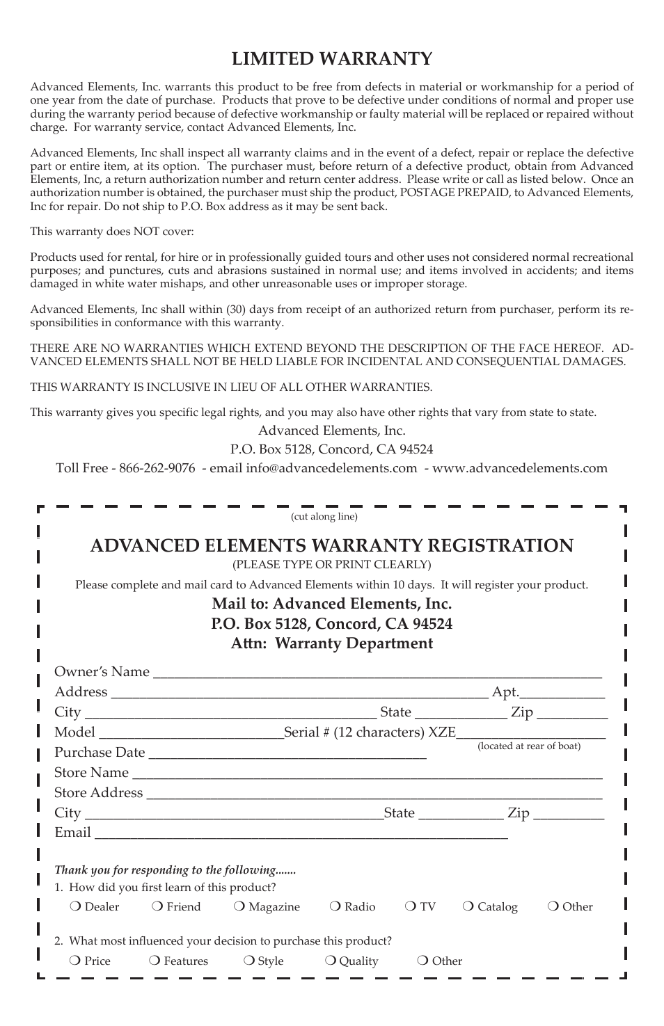 Limited warranty, Advanced elements warranty registration | Advanced Elements AE1014 User Manual | Page 19 / 20