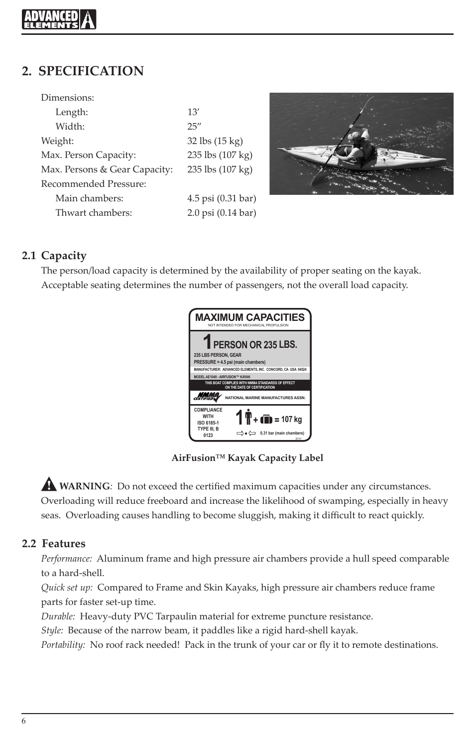 Specification, 1 capacity, 2 features | Maximum capacities, Person or 235 lbs | Advanced Elements AE1040 User Manual | Page 6 / 28