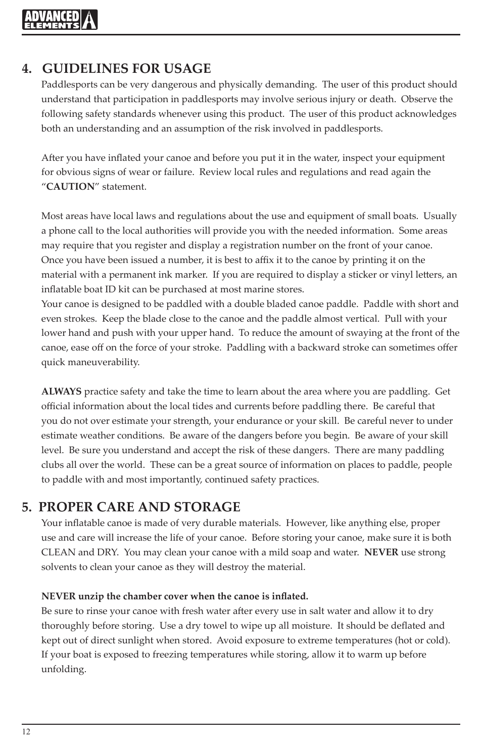 Guidelines for usage, Proper care and storage | Advanced Elements AE1008 User Manual | Page 12 / 20