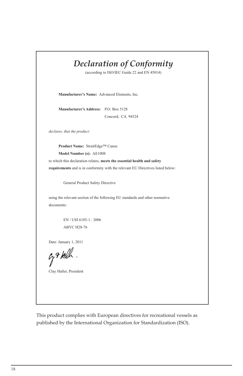 Declaration of conformity | Advanced Elements AE1008 User Manual | Page 18 / 20