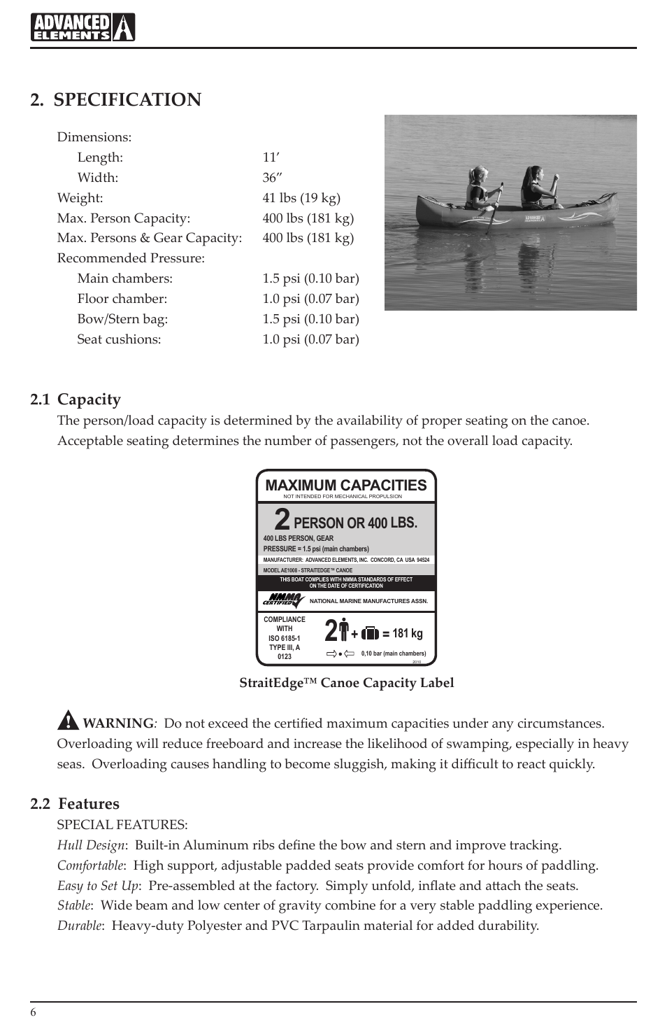 Specification, 1 capacity, 2 features | Maximum capacities, Person or 400 lbs | Advanced Elements AE1008 User Manual | Page 6 / 20