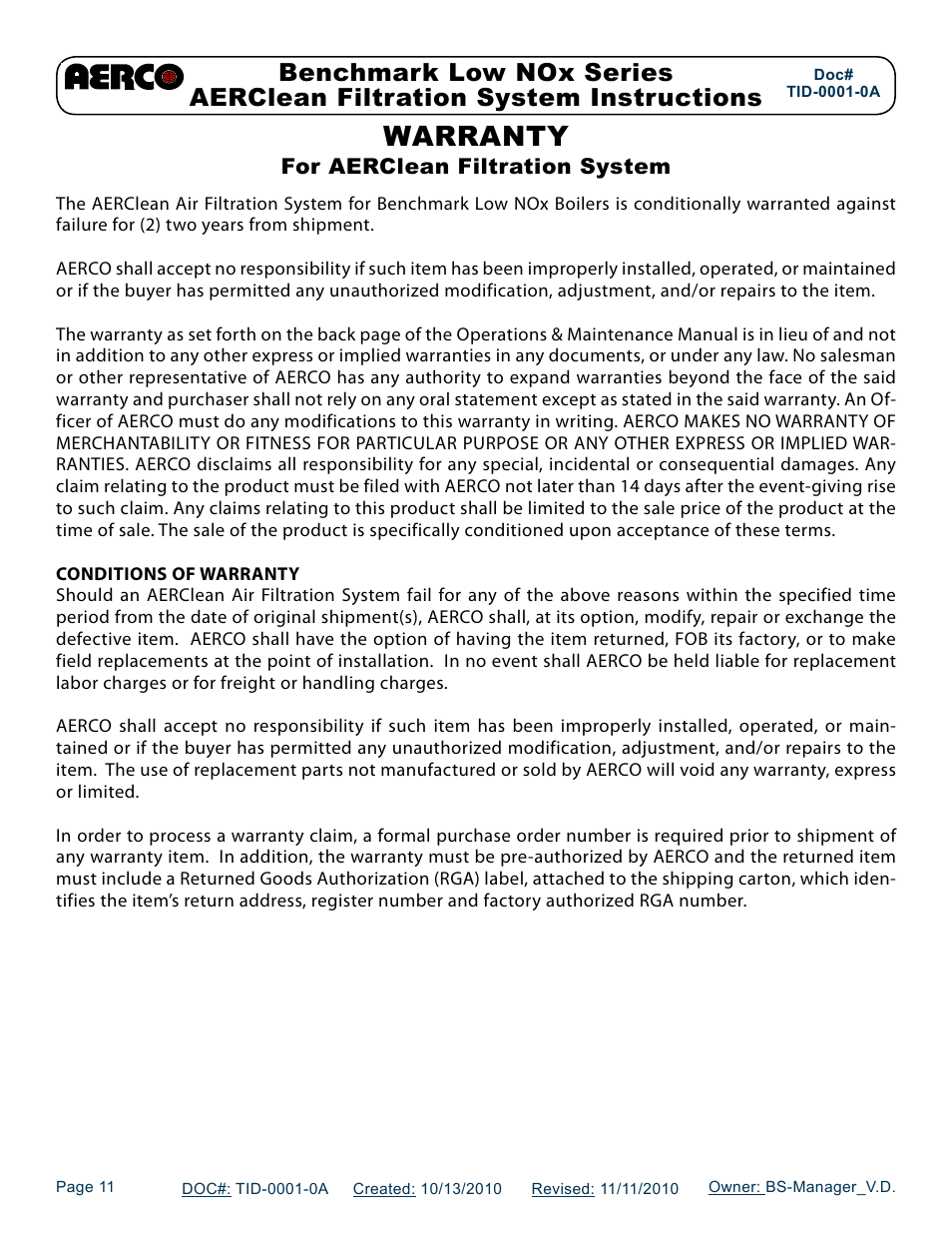 Warranty | AERCO AERClean User Manual | Page 11 / 12
