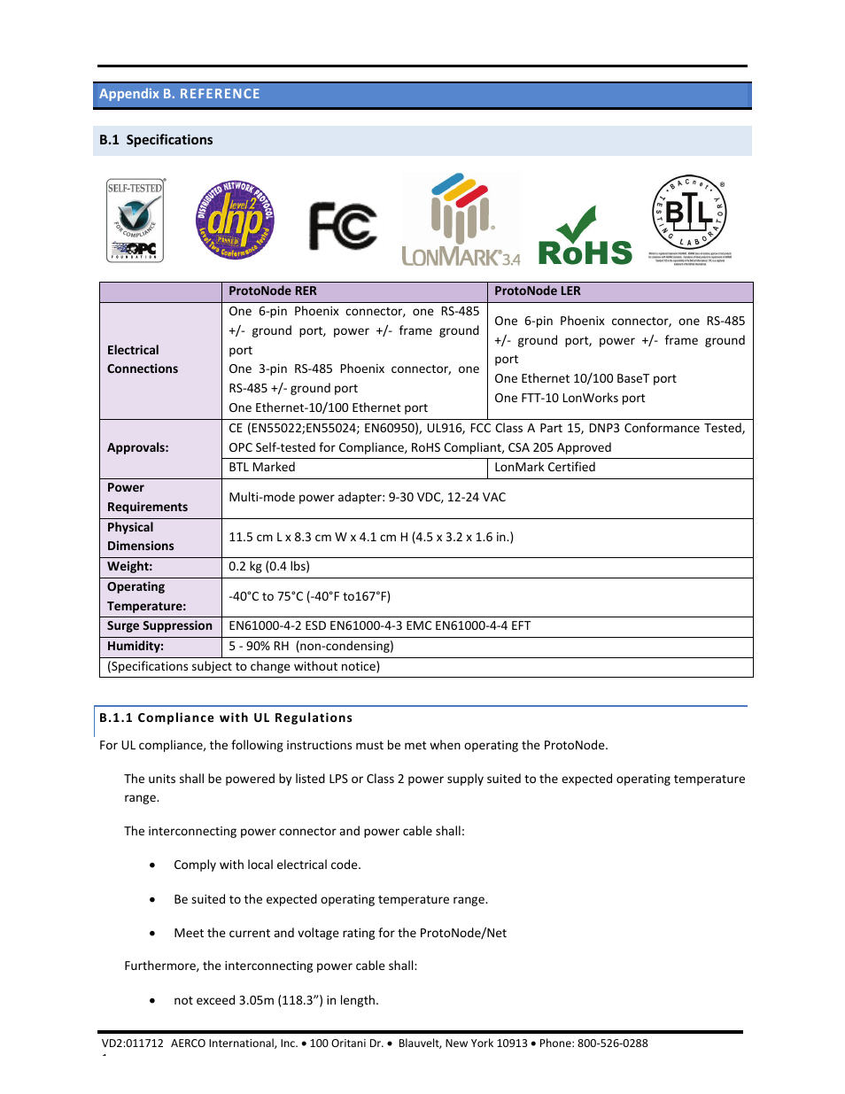 Appendix b. reference, B.1 specifications, B.1.1 compliance with ul regulations | Aerco/protonode gateway, Gf-129 | AERCO ProtoNode Gateway Rev 1 (with internal LEDs) User Manual | Page 25 / 64