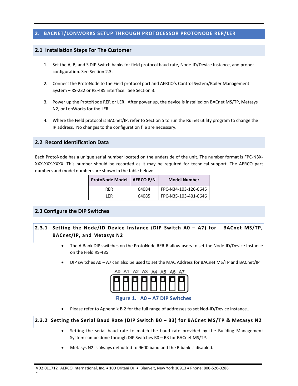 1 installation steps for the customer, 2 record identification data, 3 configure the dip switches | For bacnet ms/tp & metasys n2, Aerco/protonode gateway, Gf-129 | AERCO ProtoNode Gateway Rev 1 (with internal LEDs) User Manual | Page 7 / 64