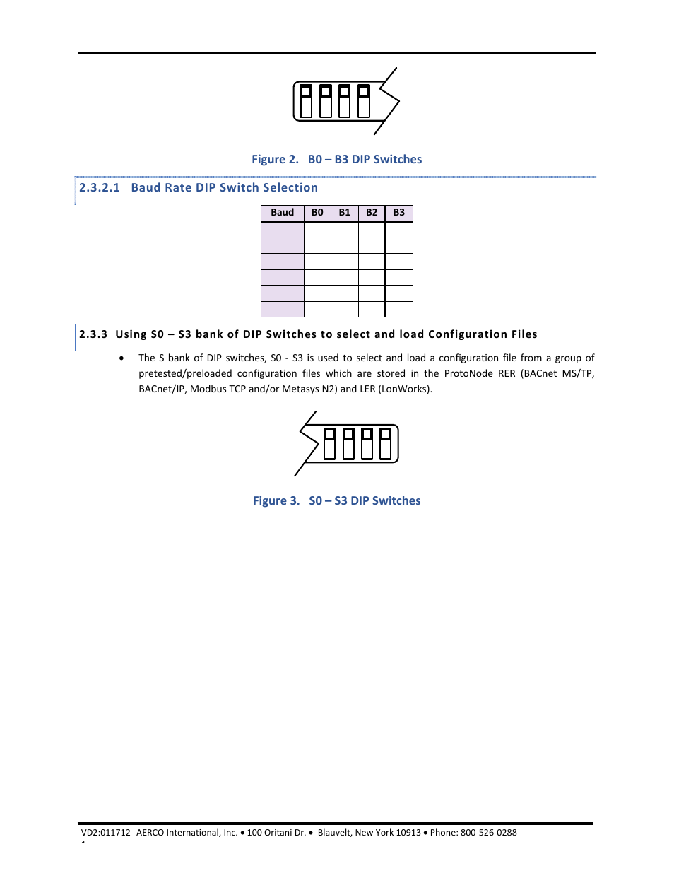 1 baud rate dip switch selection, Aerco/protonode gateway, Gf-129 | AERCO ProtoNode Gateway Rev 1 (with internal LEDs) User Manual | Page 8 / 64