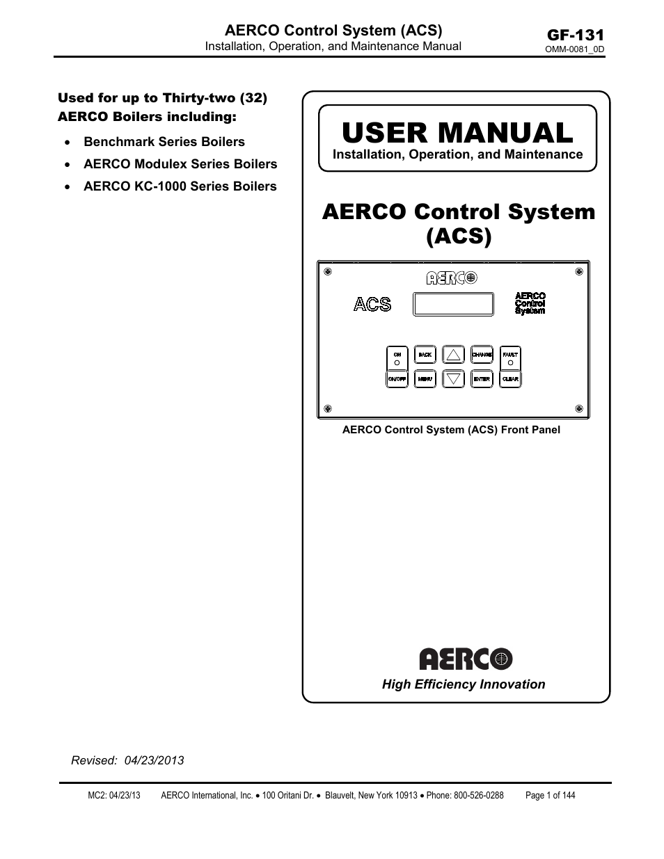 AERCO Control System (ACS) User Manual | 144 pages