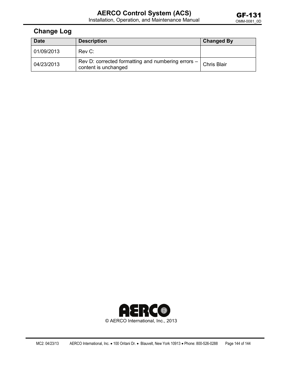 Gf-131 aerco control system (acs), Change log | AERCO Control System (ACS) User Manual | Page 144 / 144