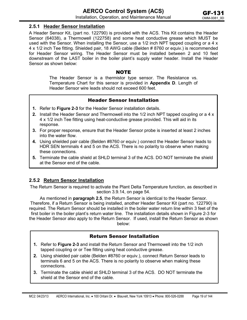 1 header sensor installation, 2 return sensor installation, Header sensor installation | Return sensor installation, Gf-131 aerco control system (acs) | AERCO Control System (ACS) User Manual | Page 19 / 144