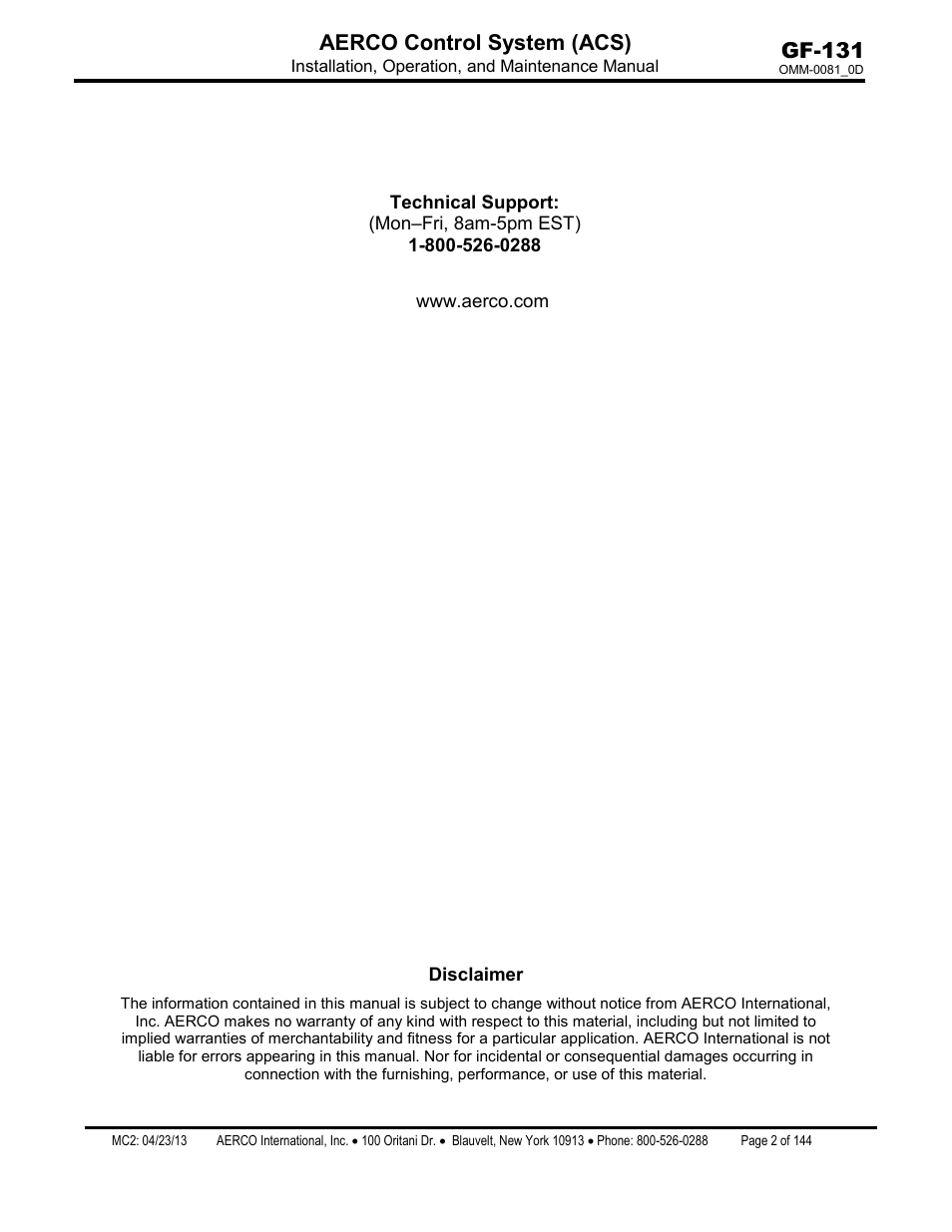 Gf-131 aerco control system (acs) | AERCO Control System (ACS) User Manual | Page 2 / 144