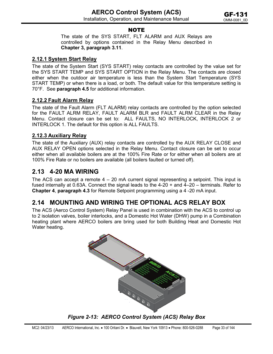 1 system start relay, 2 fault alarm relay, 3 auxiliary relay | 13 4-20 ma wiring, 14 mounting and wiring the optional acs relay box, System start relay, Fault alarm relay, Auxiliary relay, Gf-131 aerco control system (acs) | AERCO Control System (ACS) User Manual | Page 33 / 144