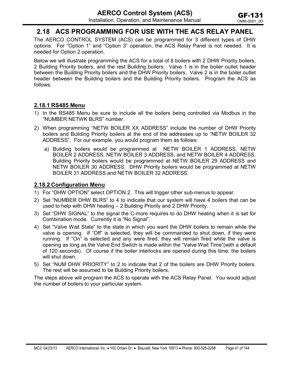 1 rs485 menu, 2 configuration menu, Rs485 menu | Configuration menu, Gf-131 aerco control system (acs) | AERCO Control System (ACS) User Manual | Page 41 / 144