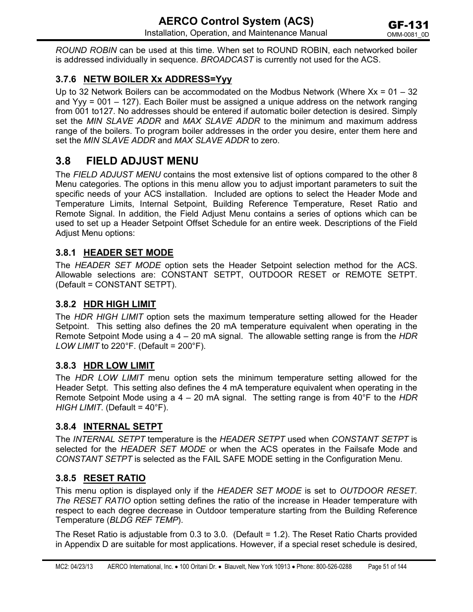 6 netw boiler xx address=yyy, 8 field adjust menu, 1 header set mode | 2 hdr high limit, 3 hdr low limit, 4 internal setpt, 5 reset ratio, Netw boiler xx address=yyy, Header set mode, Hdr high limit | AERCO Control System (ACS) User Manual | Page 51 / 144