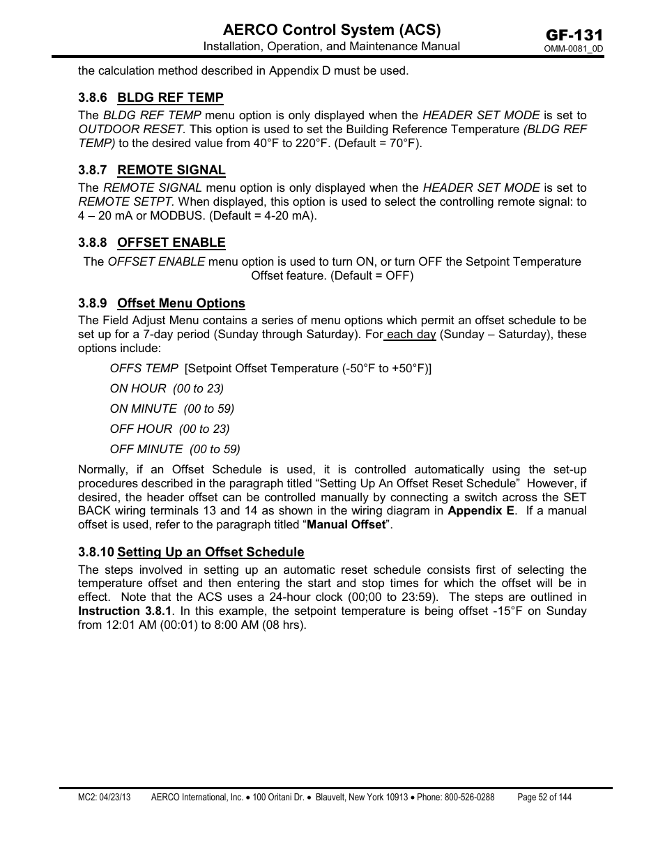 6 bldg ref temp, 7 remote signal, 8 offset enable | 9 offset menu options, 10 setting up an offset schedule, Bldg ref temp, Remote signal, Offset enable, Offset menu options, Setting up an offset schedule | AERCO Control System (ACS) User Manual | Page 52 / 144