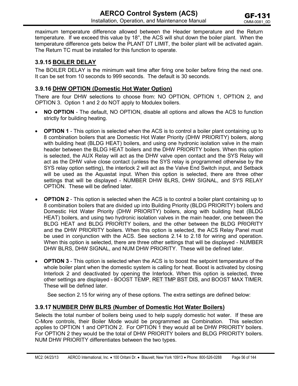 15 boiler delay, 16 dhw option (domestic hot water option), Boiler delay | Dhw option (domestic hot water option), Gf-131 aerco control system (acs) | AERCO Control System (ACS) User Manual | Page 56 / 144