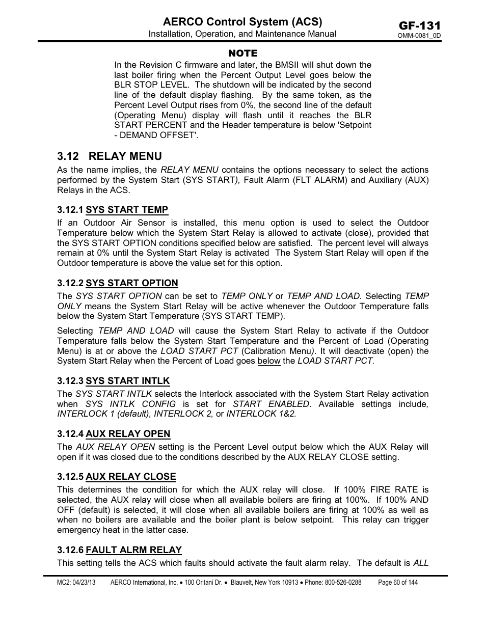 12 relay menu, 1 sys start temp, 2 sys start option | 3 sys start intlk, 4 aux relay open, 5 aux relay close, 6 fault alrm relay, Sys start temp, Sys start option, Sys start intlk | AERCO Control System (ACS) User Manual | Page 60 / 144