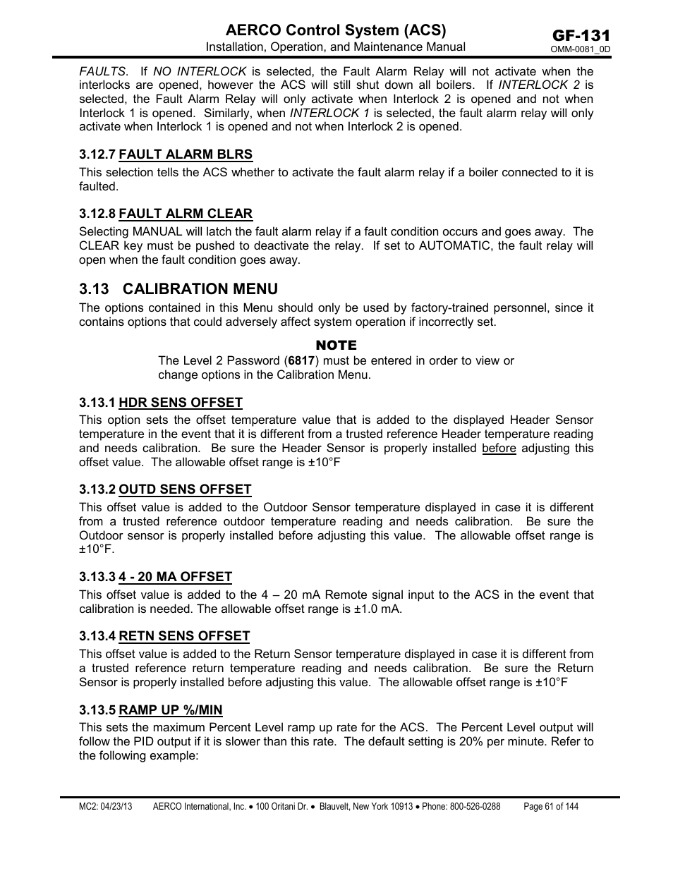 7 fault alarm blrs, 8 fault alrm clear, 13 calibration menu | 1 hdr sens offset, 2 outd sens offset, 3 4 - 20 ma offset, 4 retn sens offset, 5 ramp up %/min, Fault alarm blrs, Fault alrm clear | AERCO Control System (ACS) User Manual | Page 61 / 144