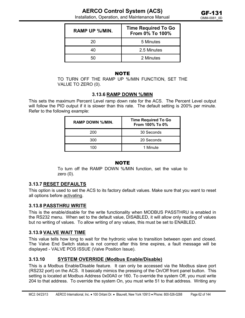 6 ramp down %/min, 7 reset defaults, 8 passthru write | 9 valve wait time, 10 system override (modbus enable/disable), Ramp down %/min, Reset defaults, Passthru write, Valve wait time, System override (modbus enable/disable) | AERCO Control System (ACS) User Manual | Page 62 / 144