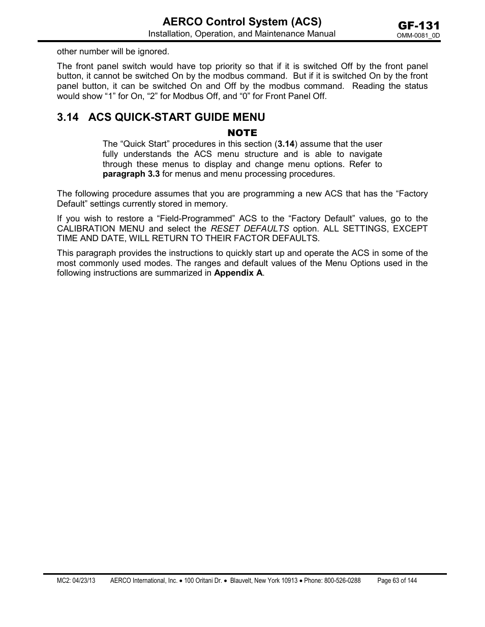 14 acs quick-start guide menu, Gf-131 aerco control system (acs) | AERCO Control System (ACS) User Manual | Page 63 / 144