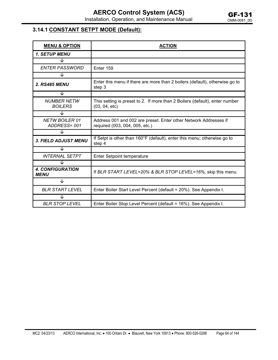 1 constant setpt mode (default), Constant setpt mode (default), Gf-131 aerco control system (acs) | AERCO Control System (ACS) User Manual | Page 64 / 144