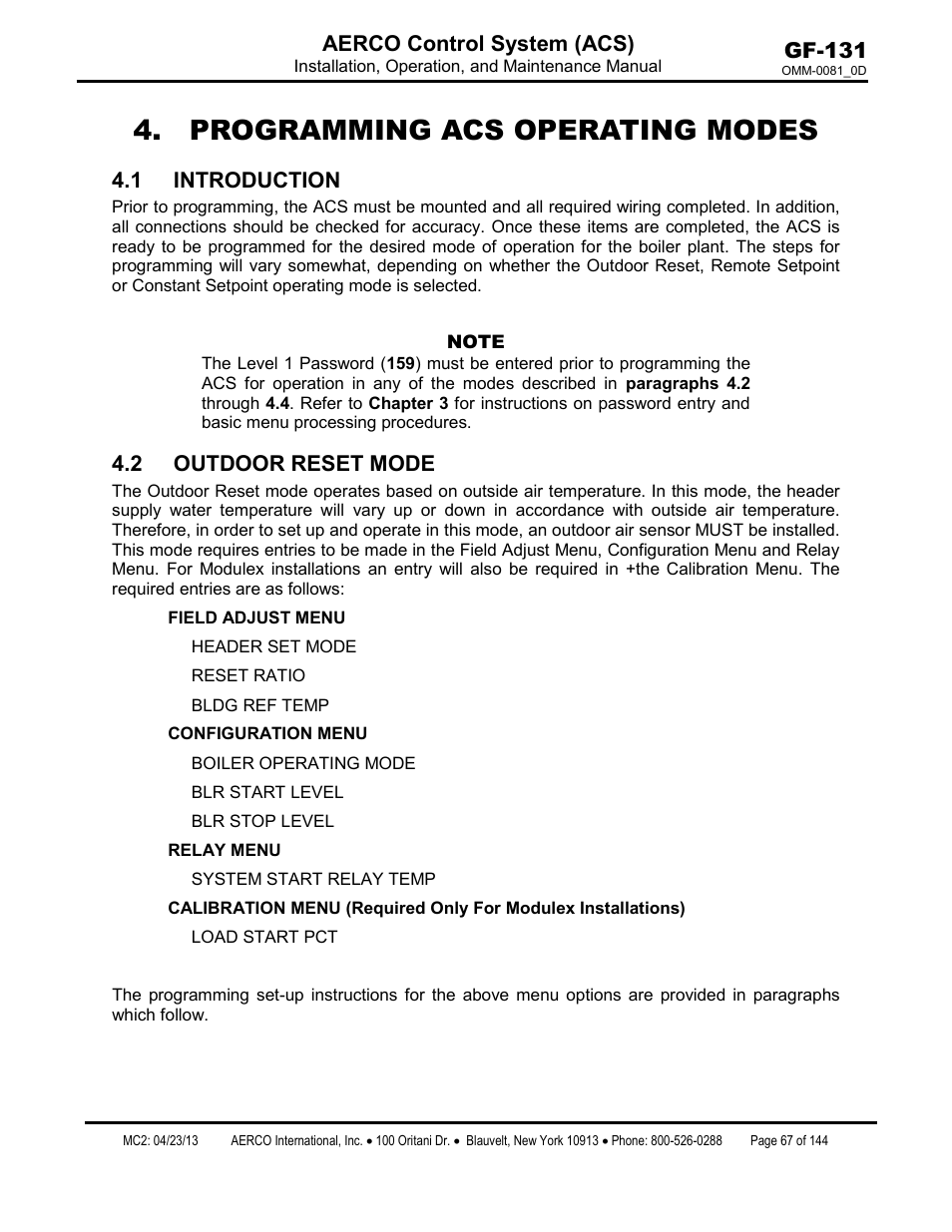 Programming acs operating modes, 1 introduction, 2 outdoor reset mode | Gf-131 aerco control system (acs) | AERCO Control System (ACS) User Manual | Page 67 / 144