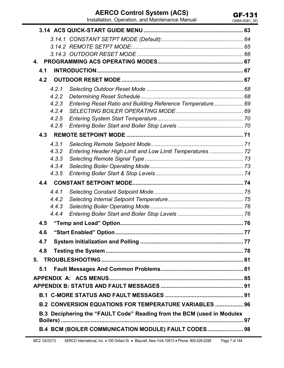 Gf-131 aerco control system (acs) | AERCO Control System (ACS) User Manual | Page 7 / 144
