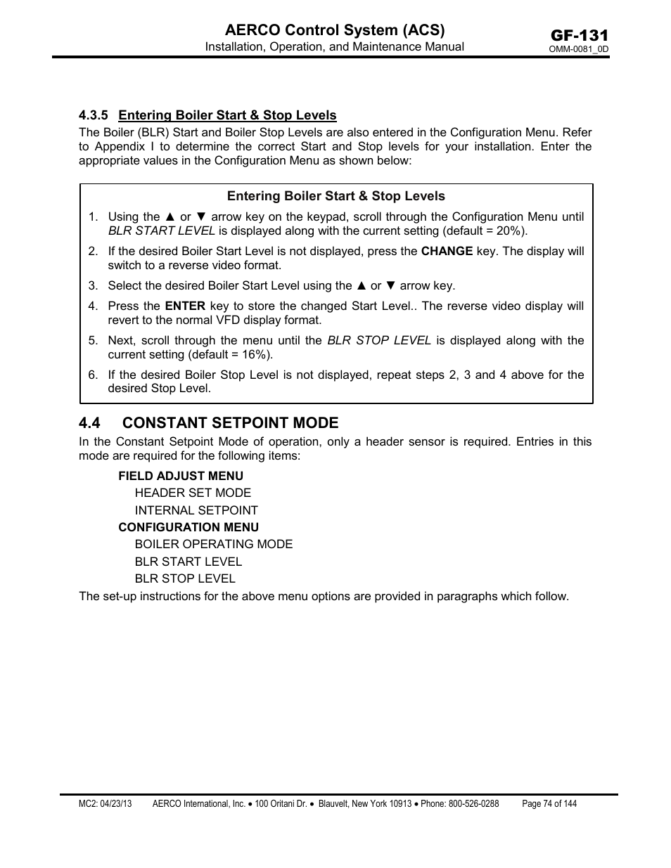 5 entering boiler start & stop levels, 4 constant setpoint mode, Entering boiler start & stop levels | Gf-131 aerco control system (acs) | AERCO Control System (ACS) User Manual | Page 74 / 144